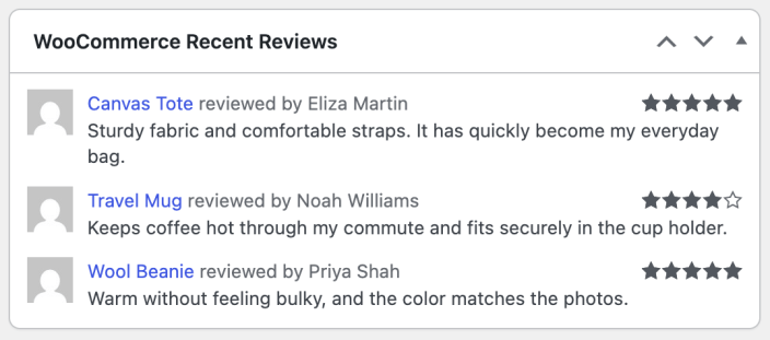 WooCommerce Recent Reviews dashboard widget showing reviews for Canvas Tote, Travel Mug, and Wool Beanie.