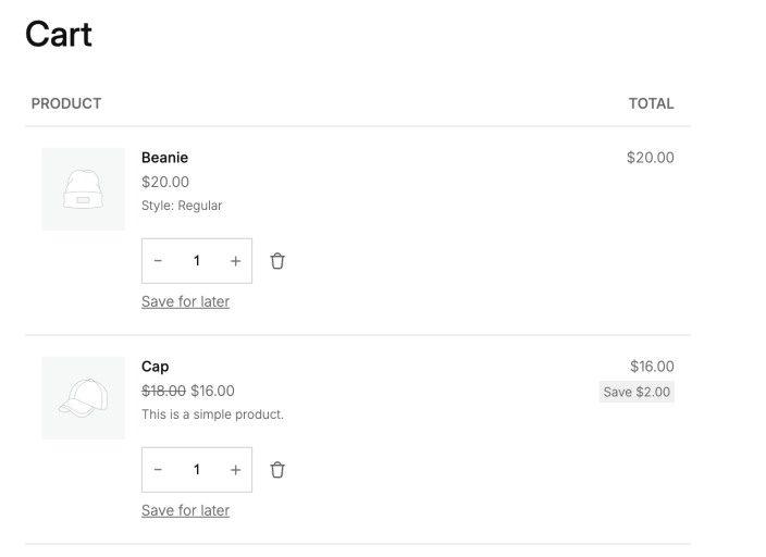 Cart page showing Save for later links for Beanie and Cap products.