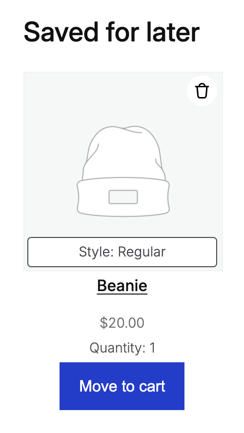 Saved for later list showing a Beanie product and the Move to cart button.