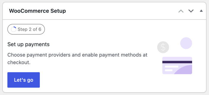 WooCommerce Setup dashboard widget showing the Set up payments task and an enabled Let's go button.