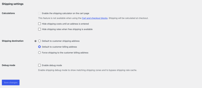 WooCommerce Shipping settings showing calculation, destination, and debug mode options.