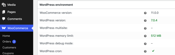 WooCommerce System Status screen showing WordPress environment rows with WordPress cron enabled.