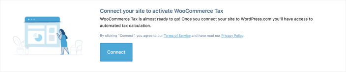 WooCommerce Tax connection notice with the Connect button for WordPress.com.