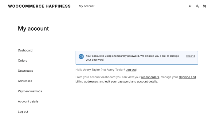 The My account dashboard showing a temporary-password notice with a Resend link.