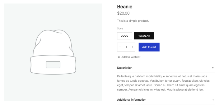 Beanie product page showing the Add to wishlist button below Add to cart.