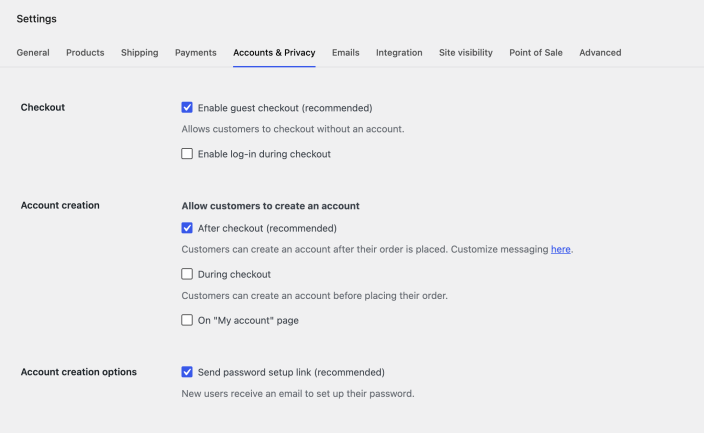 WooCommerce Accounts and Privacy settings showing guest checkout and account creation options, including After checkout.