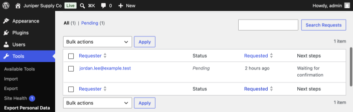 WordPress Export Personal Data request list showing a pending request for jordan.lee@example.test.