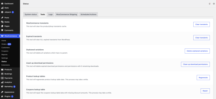 WooCommerce Status Tools screen showing the current maintenance tools and an enabled Regenerate button for Product lookup tables.
