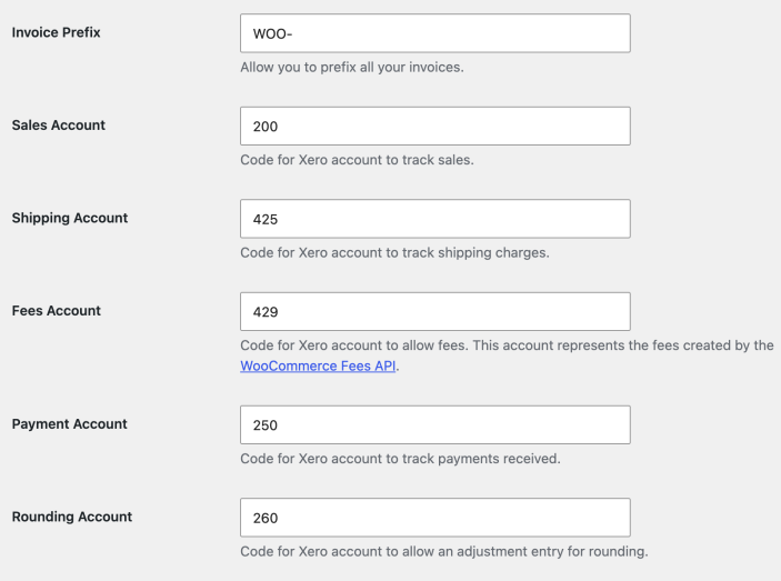 WooCommerce Xero settings with example invoice prefix and account codes for sales, shipping, fees, payments, and rounding