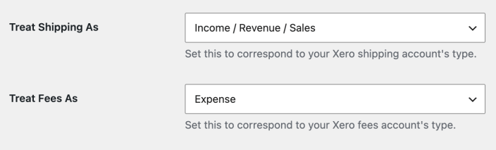 WooCommerce Xero settings matching shipping to an income account and fees to an expense account
