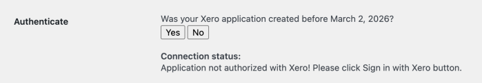 WooCommerce Xero settings asking whether the Xero app was created before March 2, 2026