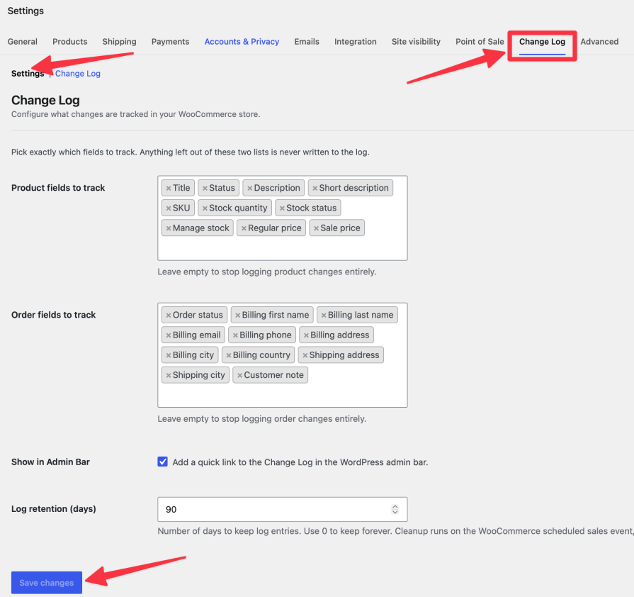 The Change Log settings screen under WooCommerce Settings, showing the Log product changes, Log price changes, Log order changes, Show in Admin Bar, and Log retention fields