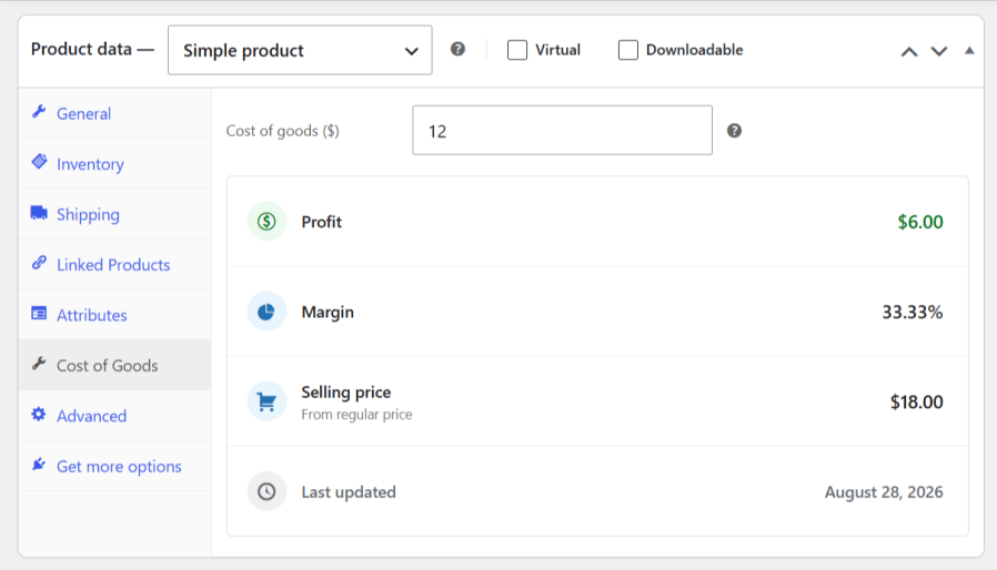Adding cost of goods to a WooCommerce simple product to calculate exact profit margins and track expenses.