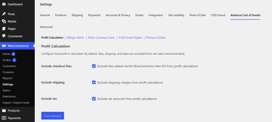 Advance Cost of Goods plugin settings page configuring WooCommerce profit calculations, taxes, and shipping exclusions.