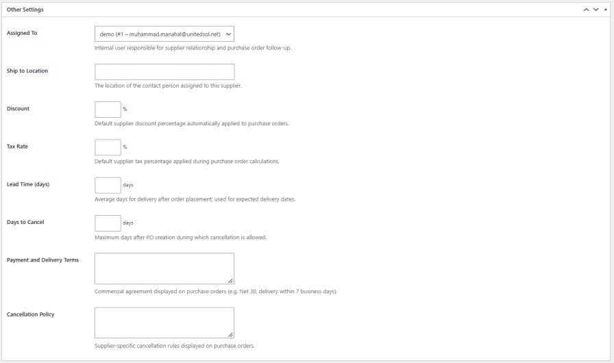 Assign Ownership and Default Order Terms per Supplier