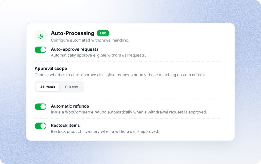 Auto approve withdrawals and refunds