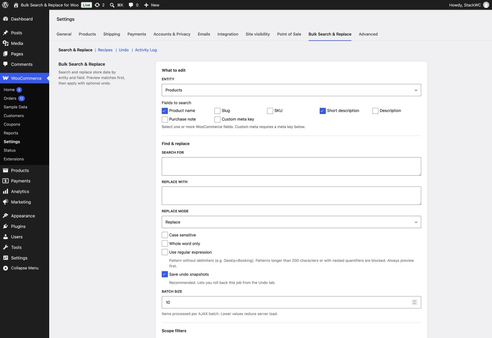 Bulk Search & Replace main dashboard in WooCommerce admin