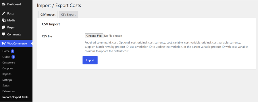 Bulk importing and exporting WooCommerce product costs and supplier data using a CSV file.