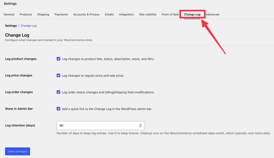 The Change Log settings screen under WooCommerce Settings, showing the Log product changes, Log price changes, Log order changes, Show in Admin Bar, and Log retention fields