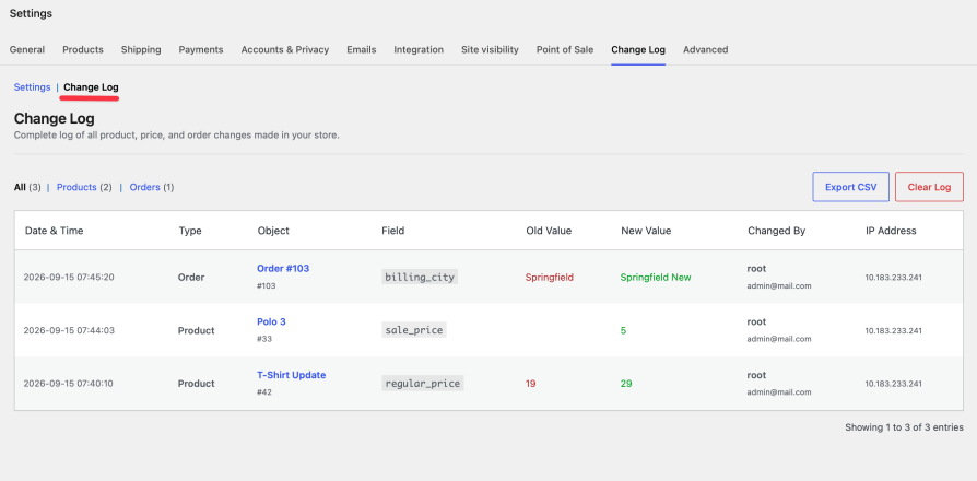 The Change Log table showing three entries: an order billing city change, a product sale price change, and a product regular price change, each with old value, new value, editor, and IP address