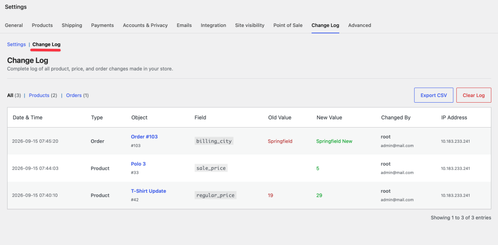 The Change Log table showing three entries: an order billing city change, a product sale price change, and a product regular price change, each with old value, new value, editor, and IP address