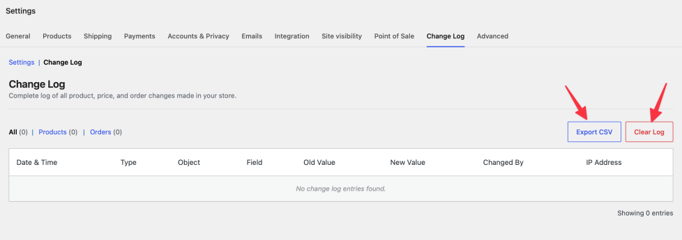 The Change Log table with no entries yet, showing the All, Products, and Orders filter links and the Export CSV and Clear Log buttons
