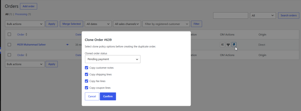 Cloning an Order