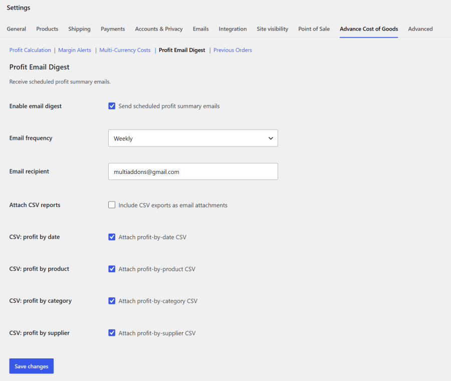 Configuring automated daily and weekly WooCommerce profit summary emails with CSV report attachments.