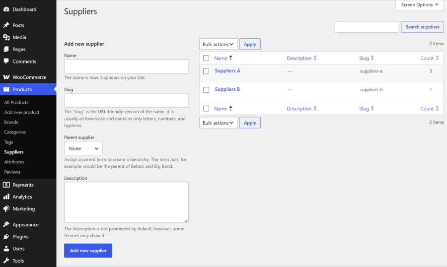 Creating and managing custom WooCommerce product suppliers to filter vendors by profitability and sales volume.