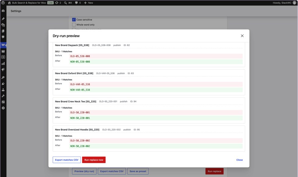 Dry-run preview showing before and after product SKU values with match counts before applying bulk replace