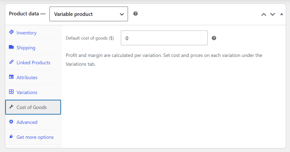 Entering Cost of Goods for a Variable Product Variation in WooCommerce