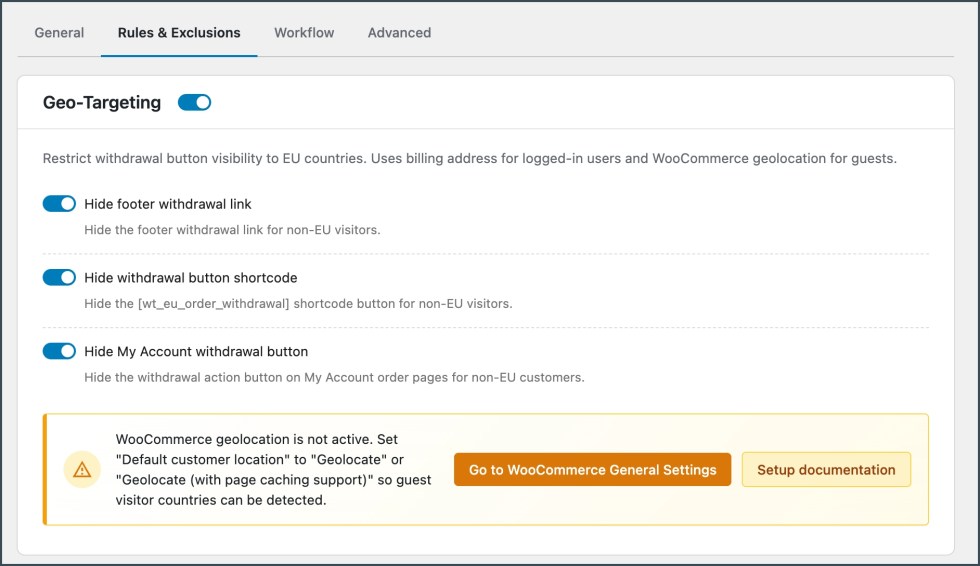 Rules and Exclusions - Withdrawal button
