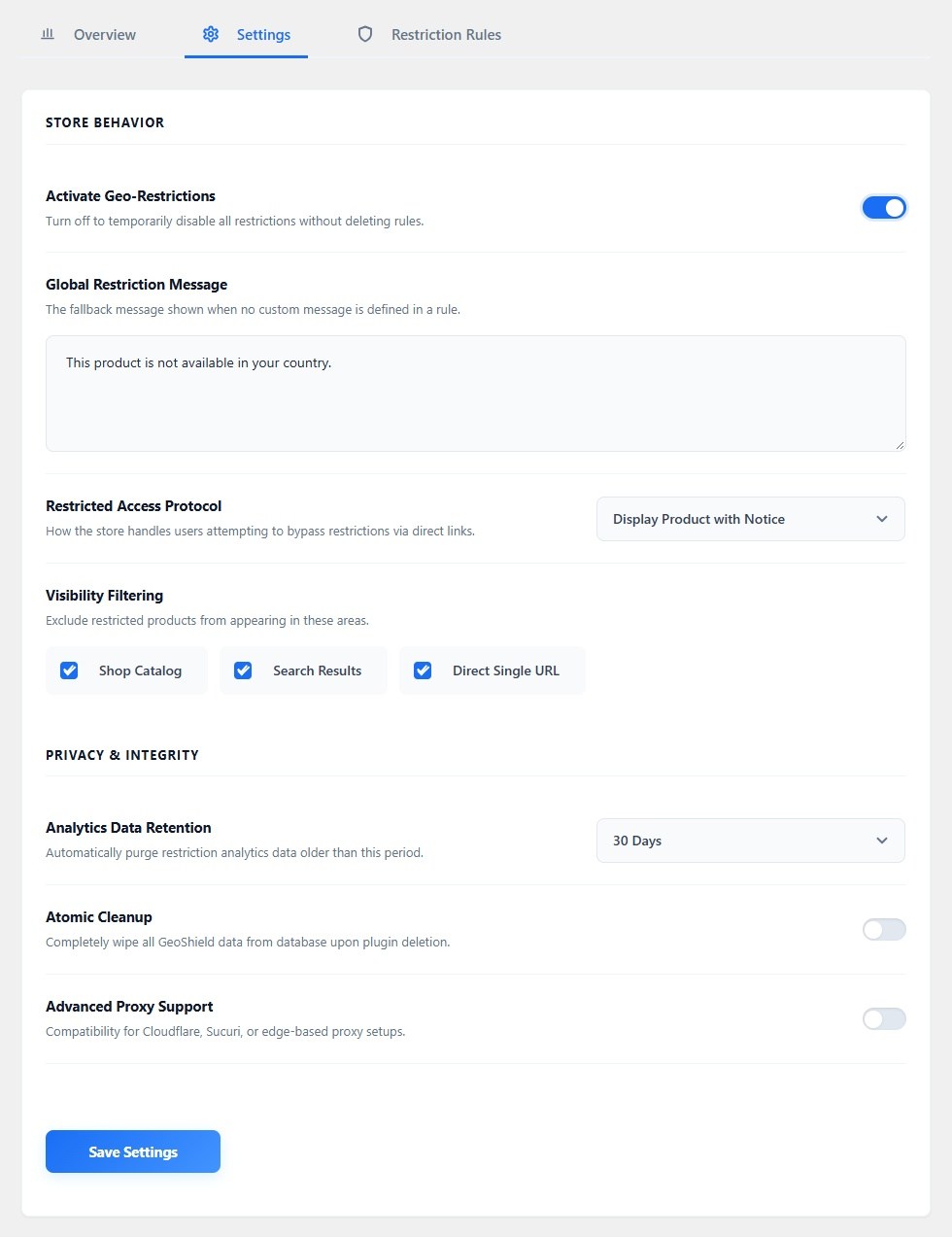 GeoShield – Country Restrictions - Global Settings