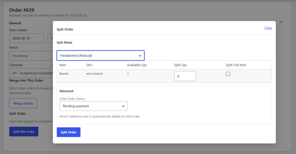 How to split orders manually