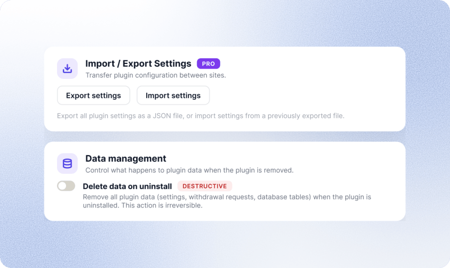 Import Export Withdrawal Settings