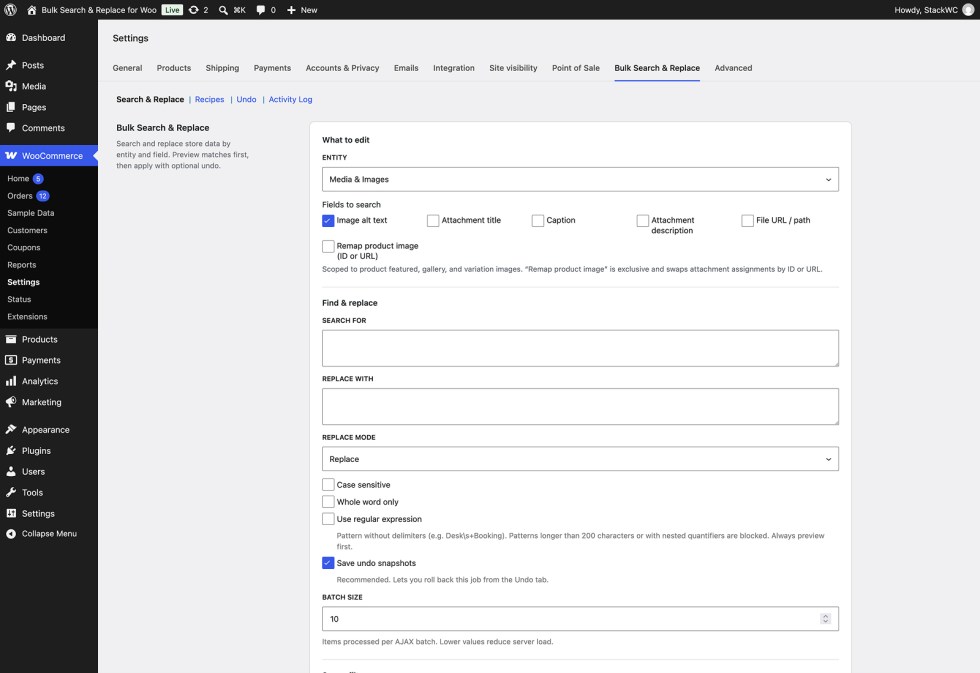 Media and images bulk replace showing image alt text field selected with product image thumbnail preview