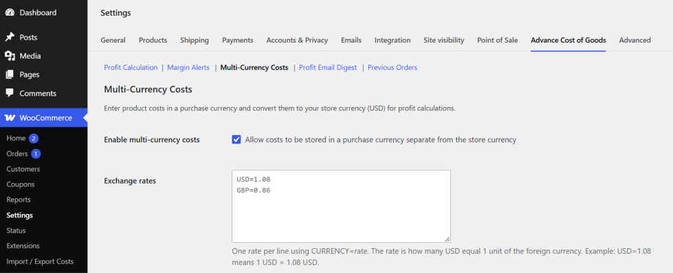 Multi-Currency Product Costs and Exchange Rates Settings