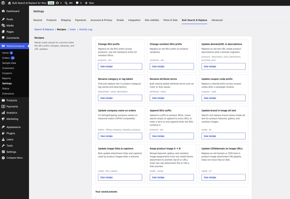 Built-in recipes list showing SKU prefix change, brand rename, URL update, and image alt text update presets