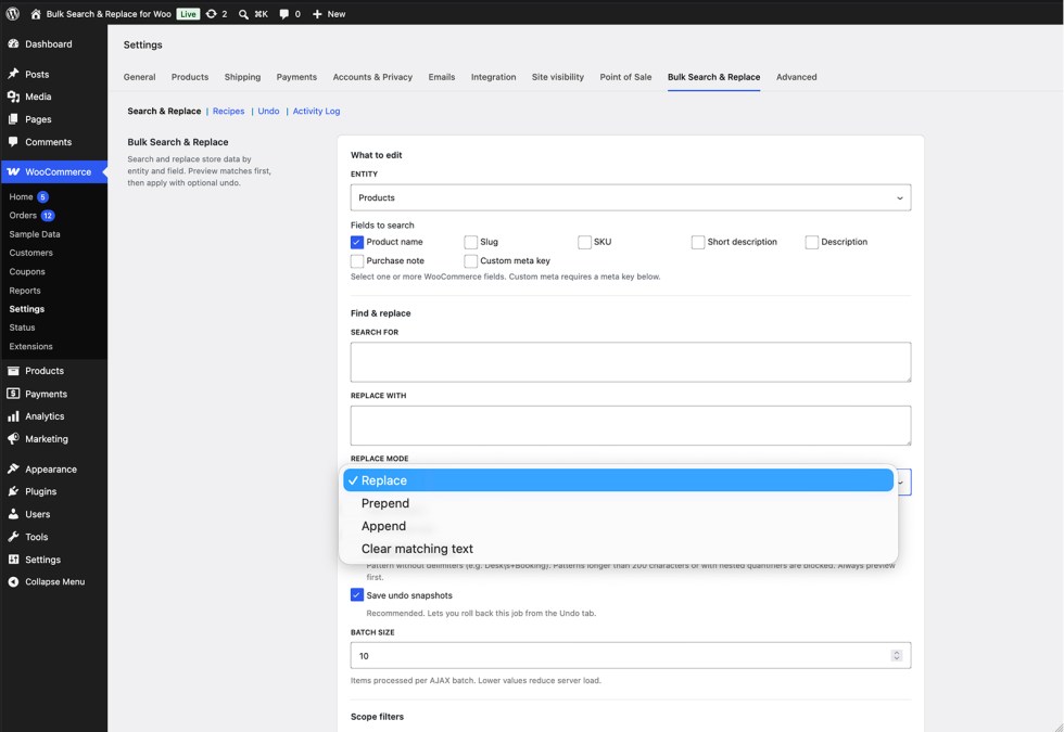 Replace mode options including replace, prepend, append and clear matching text
