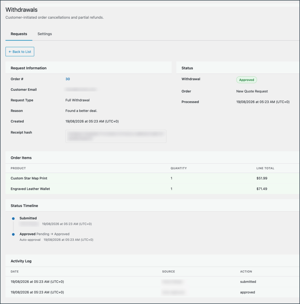 Detailed view of a Withdrawal Request