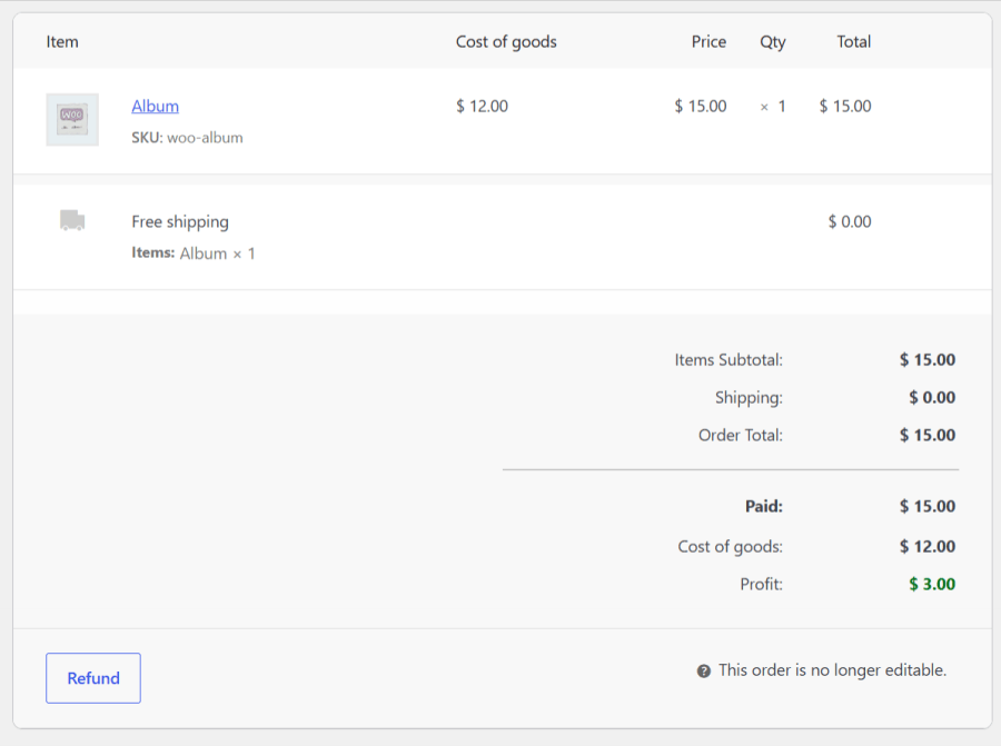 Single WooCommerce order details view showing the saved cost snapshot and profit margin for individual purchased items.
