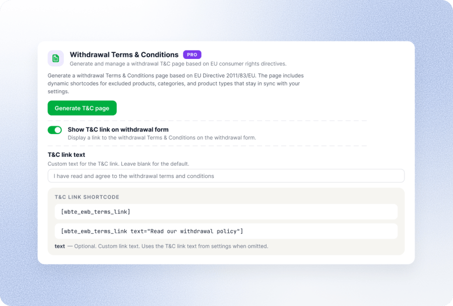Withdrawal Terms and Conditions Page