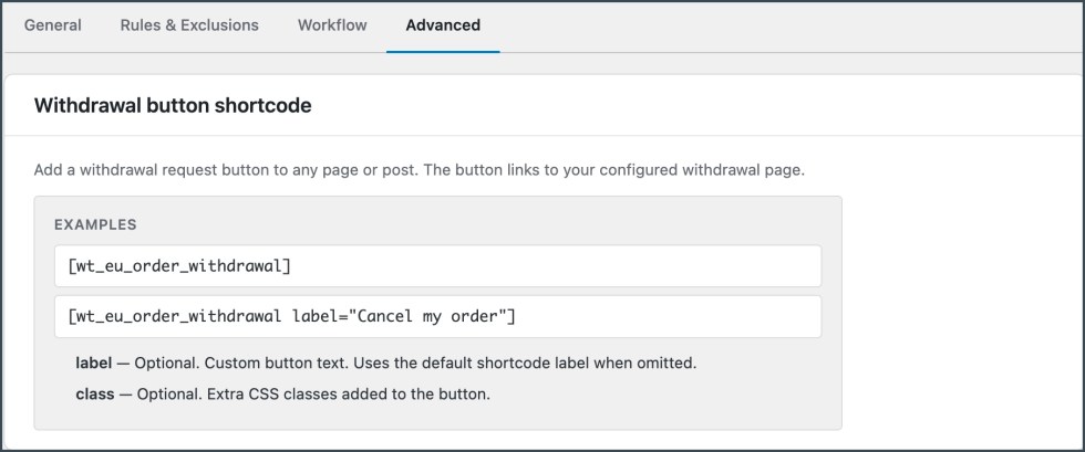 Advanced options - Withdrawal button shortcode