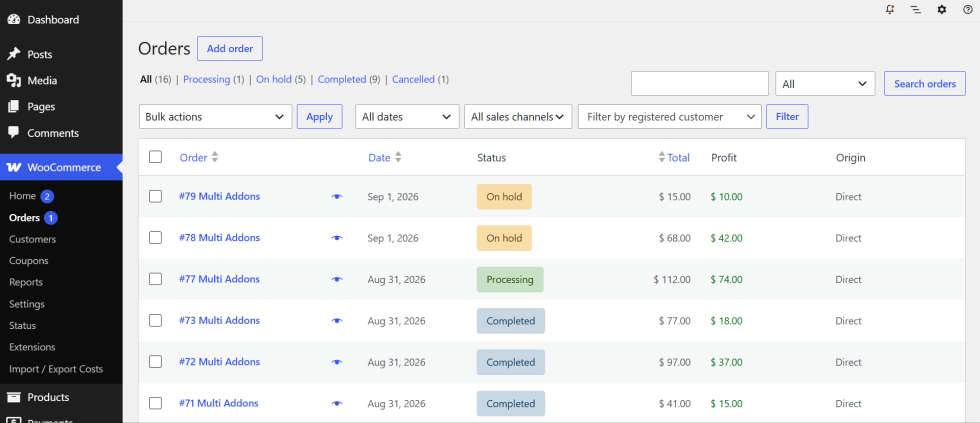 WooCommerce Order Details Screen Showing Cost of Goods and Profit Margin