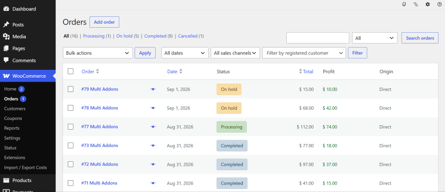 WooCommerce orders list table displaying the total cost of goods and calculated net profit for each customer order.