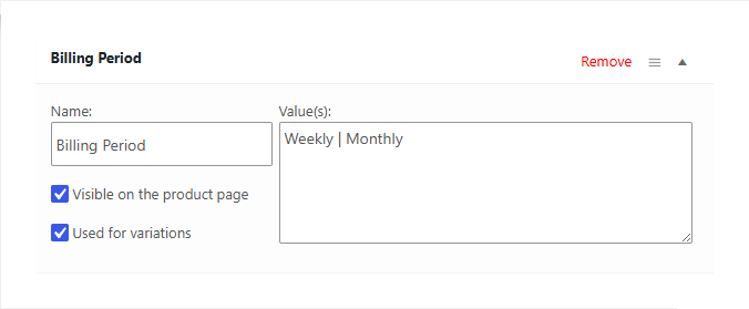 The Attributes tab with a Billing Period attribute defined.