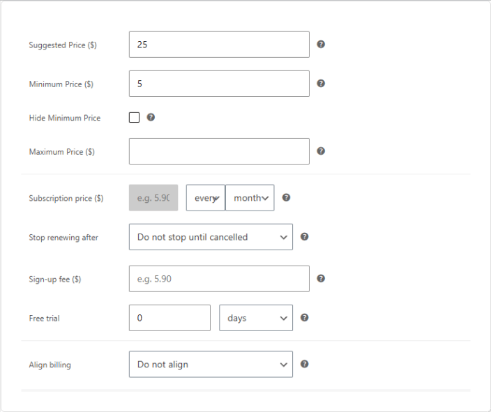 The product data fields for a Name Your Price subscription: Suggested, Minimum, Hide Minimum and Maximum Price, above the subscription pricing fields, with the Subscription price field greyed out.