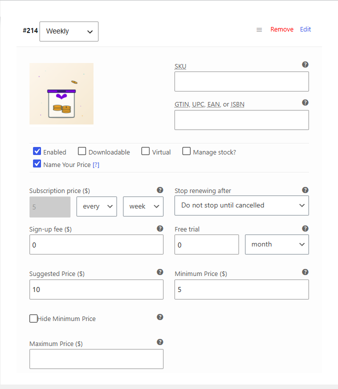 A variation of a variable subscription with Name Your Price enabled.