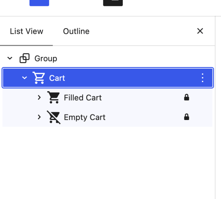 Cart block List View showing Cart Totals selected and lock icons beside protected blocks.