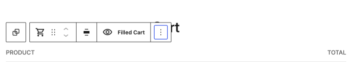 WordPress editor showing the Cart block selected with its block toolbar.